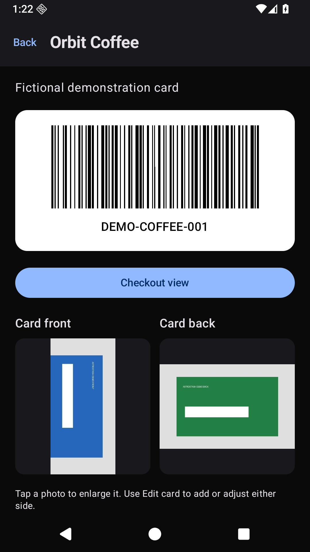 AstroStash showing a fictional coffee card's notes, barcode, card front and card back